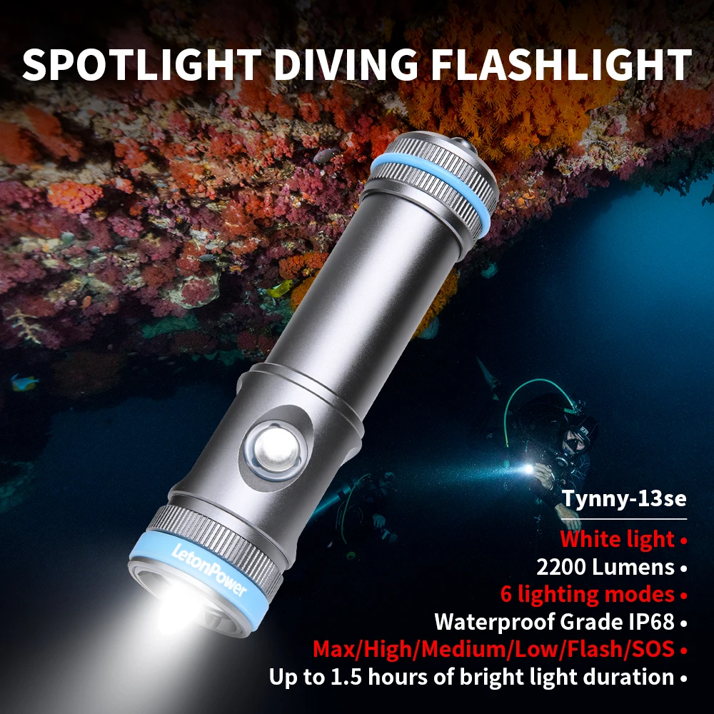 LetonPower Dive Light 2200 Lumens Compact Underwater Flashlight 6 Modes Dive Torch Snorkeling Light Scuba Diving Flashlight