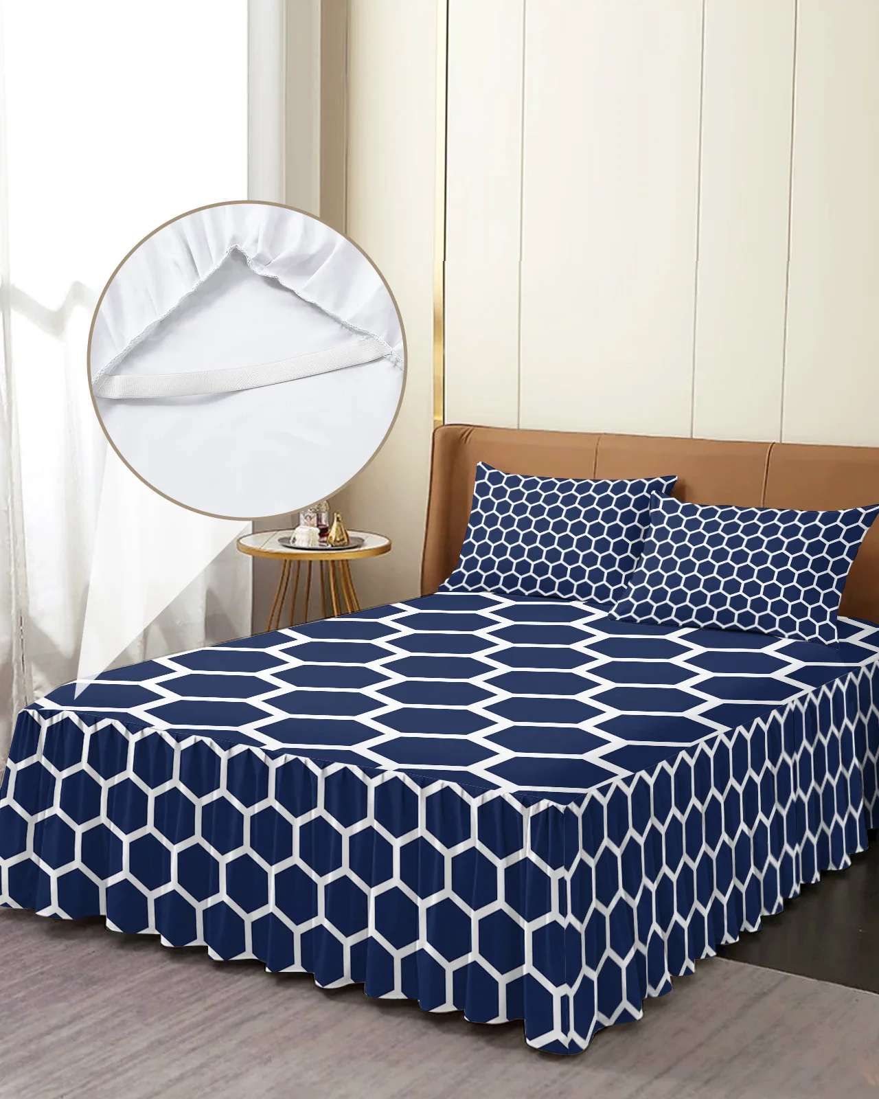 Morocco Hexagonal Indigo Blue Geometric Bed Skirt Elastic Fitted Bedspread With Pillowcases Mattress Cover Bedding Set Bed Sheet