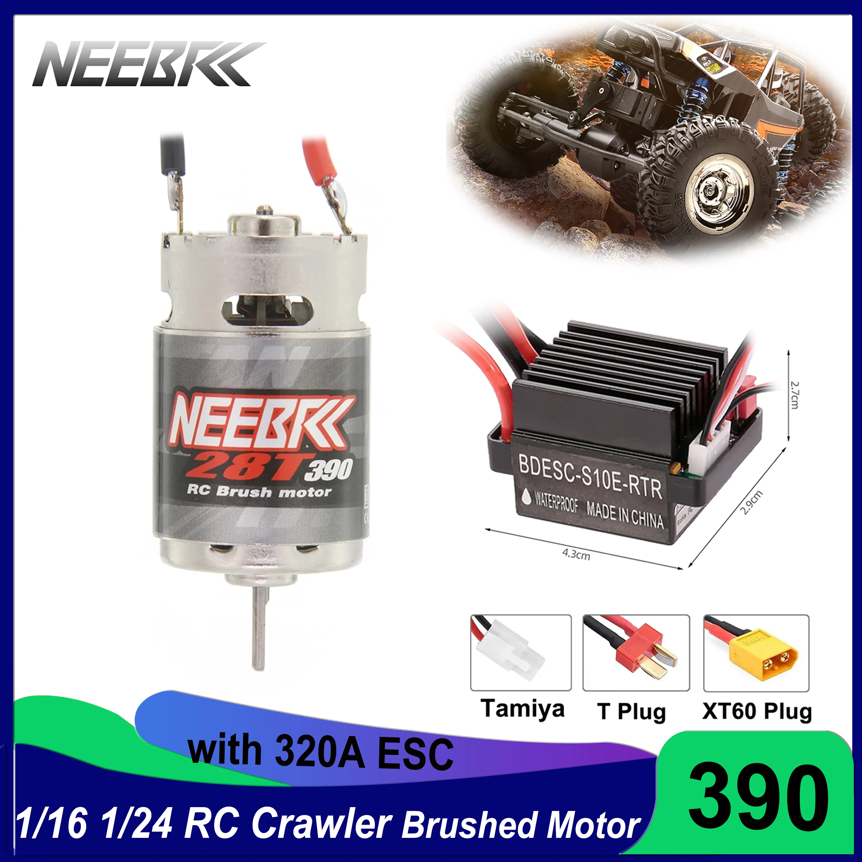 

NEEBRC 390 28T Brushed Motor 320A ESC 5V/2A BEC 60A 2-3S Electronic Speed Controller for 1/14 1/16 1/24 RC Car Crawler Monster