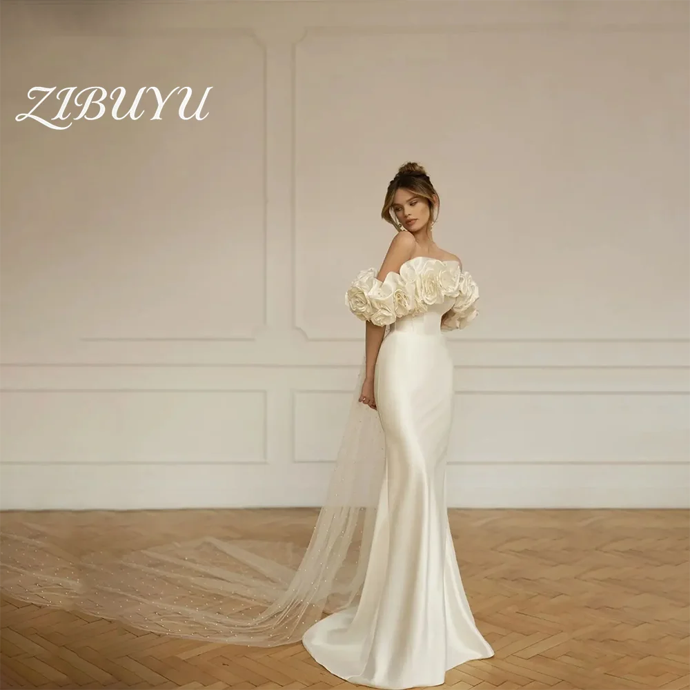

ZIBUYU Customized Elegant Simple Luxury Wedding Dress Off Shoulder Sweetheart Neck 3D Floral Applique Satin Mermaid Bridal Gown