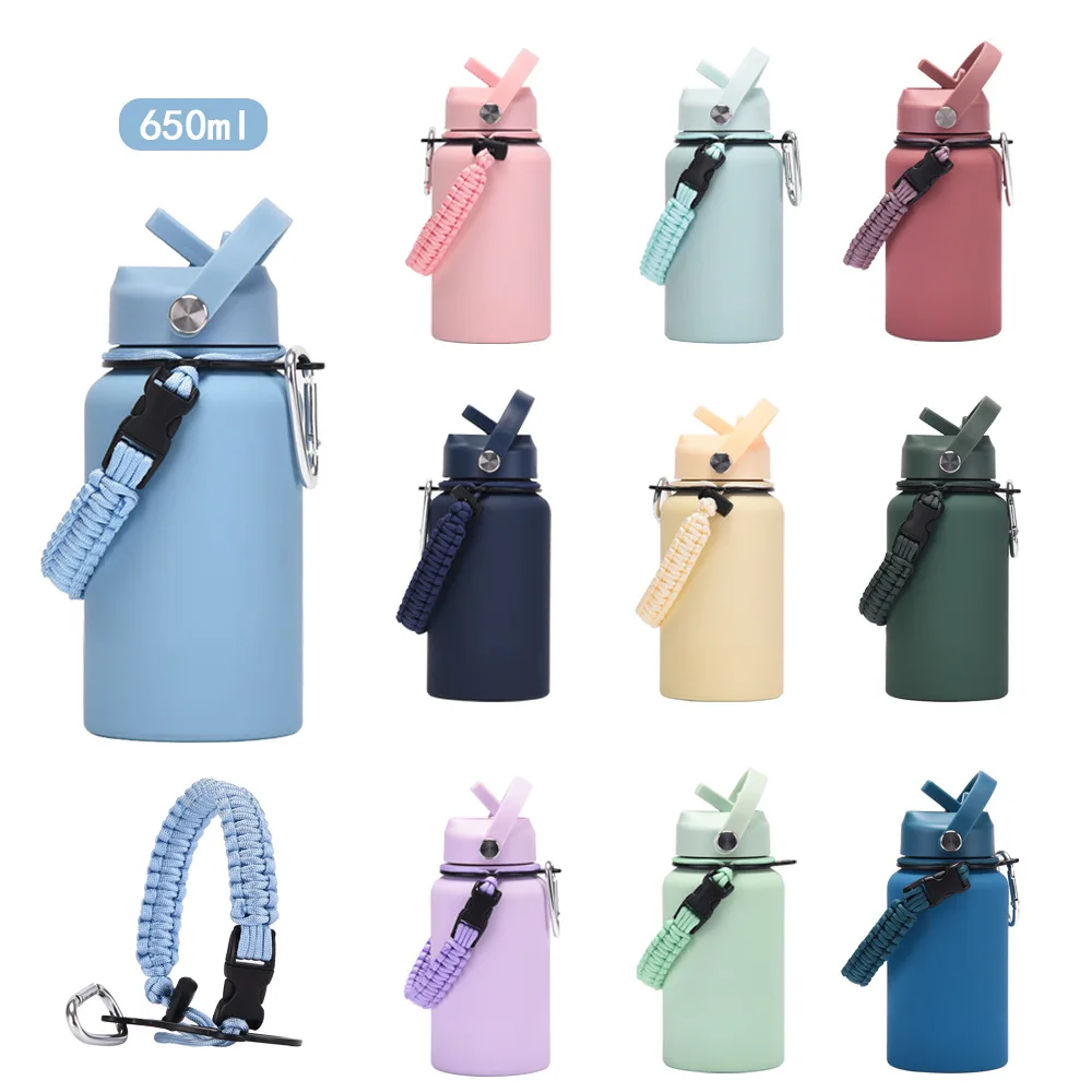 

650ml Sports Thermos Cup with Handle A Lifting Rope And Straw,Stainless Steel Vacuum Flasks,Drinkware,Wide Mouth Water Bottle