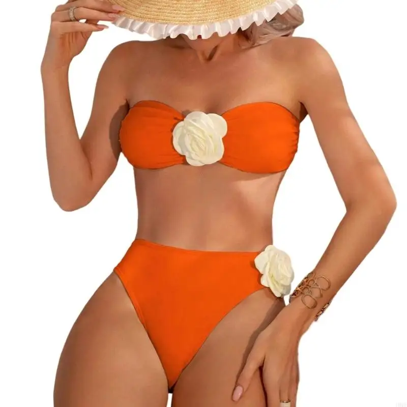 

Women's 2 Piece Sets 3D Floral Appliques Strapless Sleeveless High Cut Bandeau Swimsuits JOME