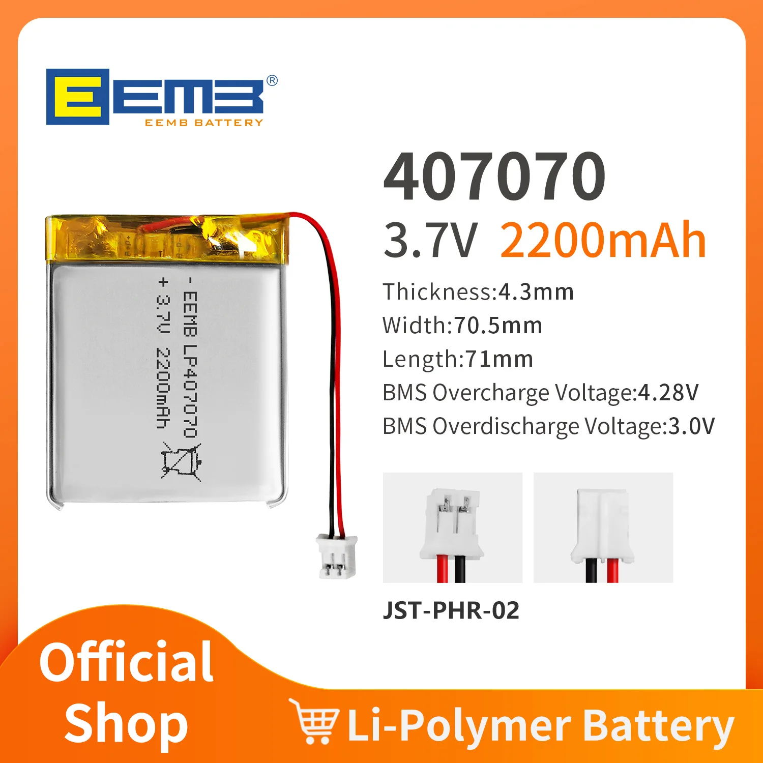 EEMB 3.7V Li-Polymer Battery 403450/407070/423090/442957/443441/453048 Li-Po Battery for Bluetooth Speaker, 2200mAh Battery