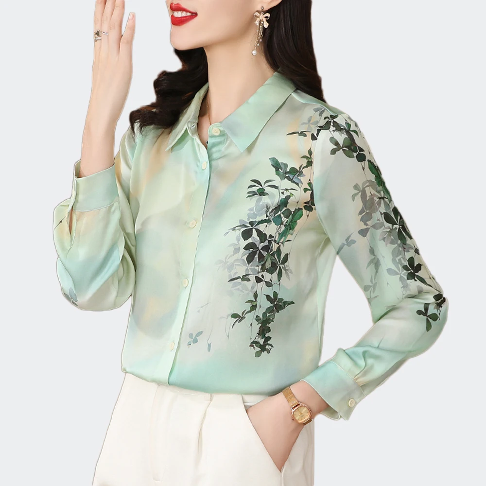 Spring Autumn Long Sleeve Printed Shirt Tops Women Office Lady Turn Down Collar Satin Silk Blouse Elegant Femme Blusas Clothing