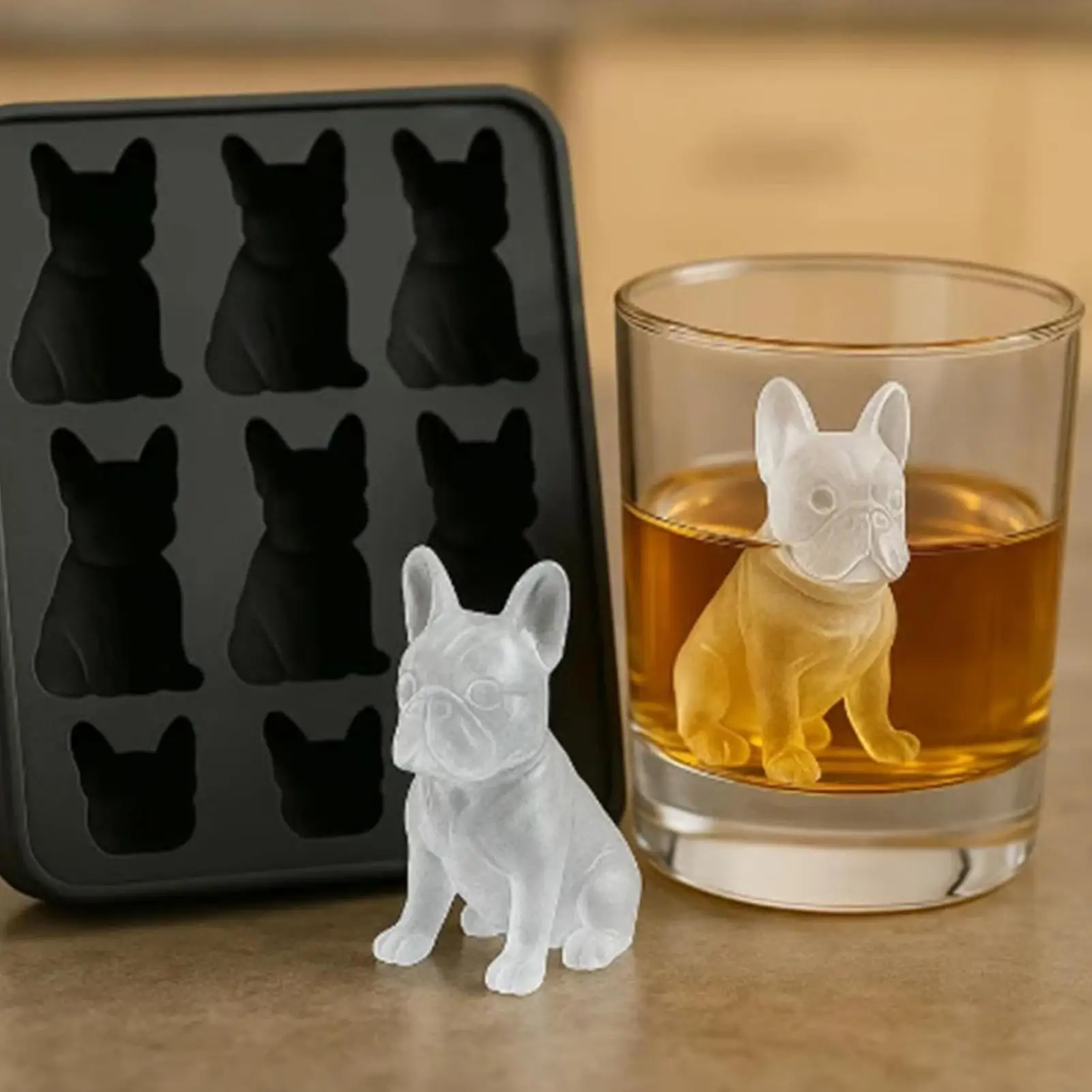 Forma do lodu do whisky, silikonowa, nowatorska forma do lodu z buldogiem francuskim, 9 przegródek, łatwe wyjmowanie, spożywcza forma do lodu do napojów, wielokrotnego użytku do whisky.