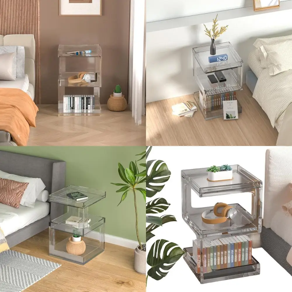 

Clear Acrylic Modern Side Table with Storage, Assembly Needed for Living or Bedroom Use