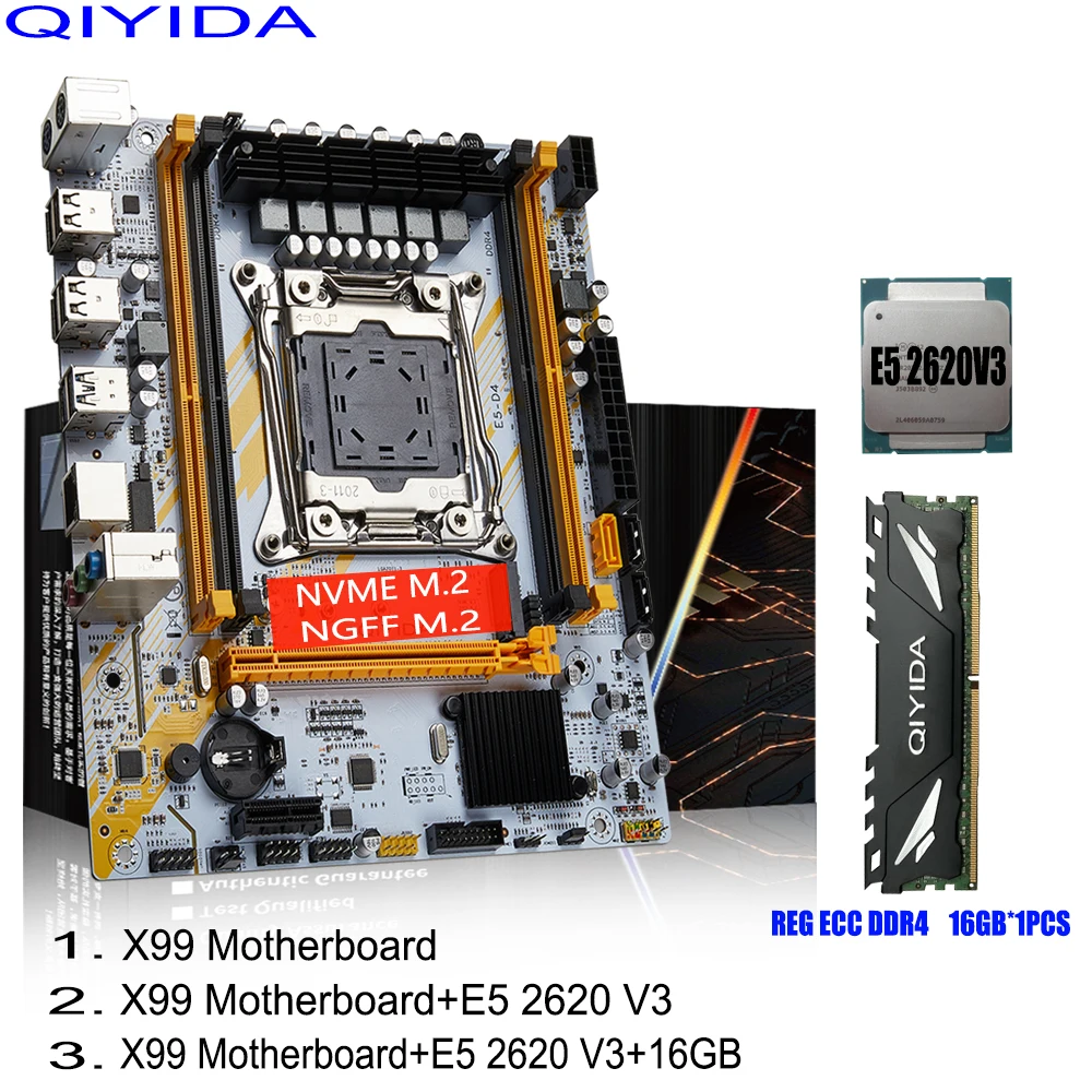 Qiyida X99 마더보드 세트, LGA2011 3 E5 2620 V3, 1x16GB DDR4 REGECC 메모리 CPU 콤보 PCI-16, USB3.0 NVME M.2 SATA3.0 서버 M-ATX 