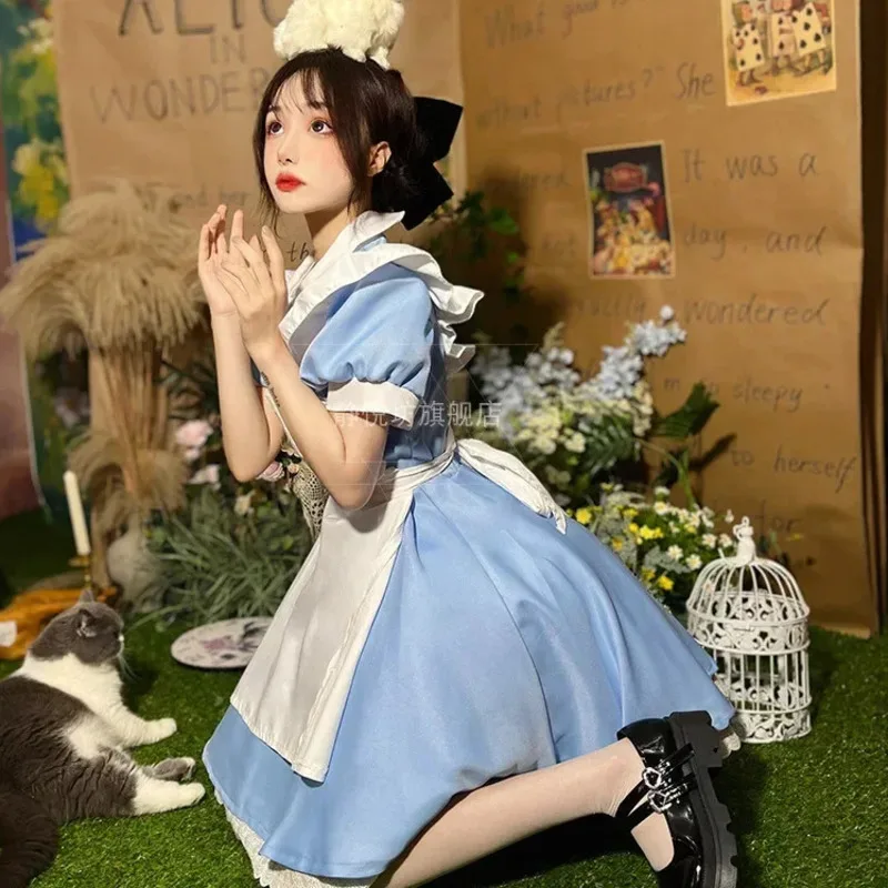 

Women Lolita OP Dress Girl Blue Party Dress + Headwear + Apron Women Short Sleeve Maid Dress Set Halloween Cosplay Costume