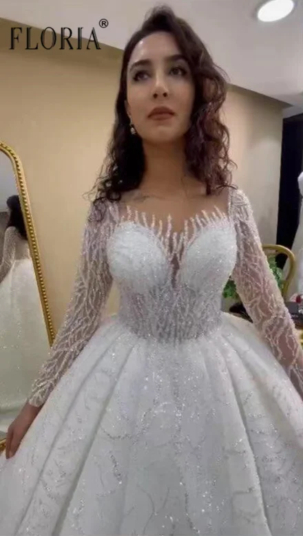 

Glitter Long Sleeve Arabic Wedding Dresses Ball Gowns A Line Long Bridal Gowns Dubai Wedding Gowns Bridal Dresses Vestidos De