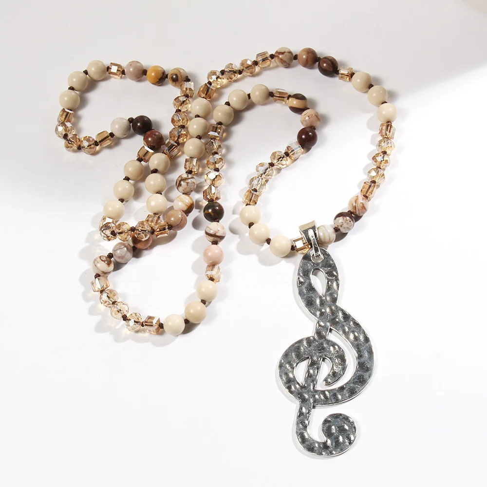 Wholesale cross-border personalized women's jewelry 8mm natural stone glass knotted necklace beating music note pendant necklace