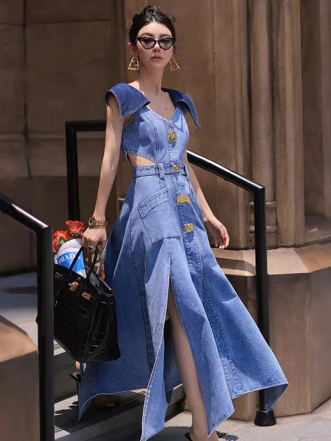 Trendy Fashion Women\'s Metal Buckle Waist Hollow Out Denim Dress 2024 Spring Lapel Sleeveless Split Dresses Female
