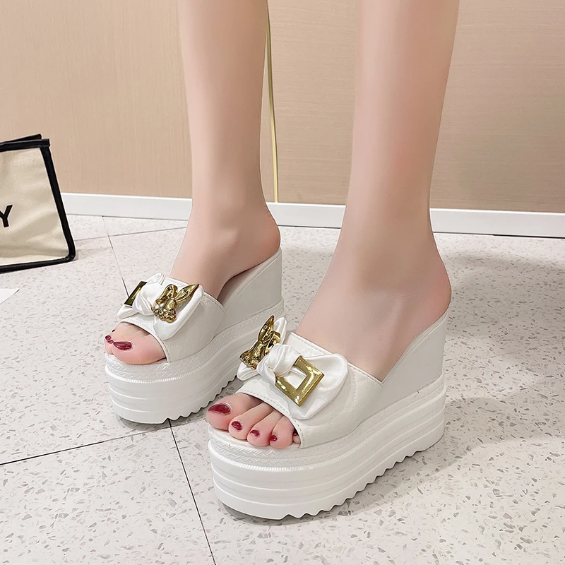 Slippers Women Summer Slides Fashion High-Heeled Shoes Lady Platform Pantofle On A Wedge Luxury Soft 2023 PU Casual Fabric Super