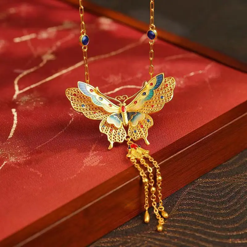 Chinese style gold color filigree retro Guochao butterfly fringed necklace earrings