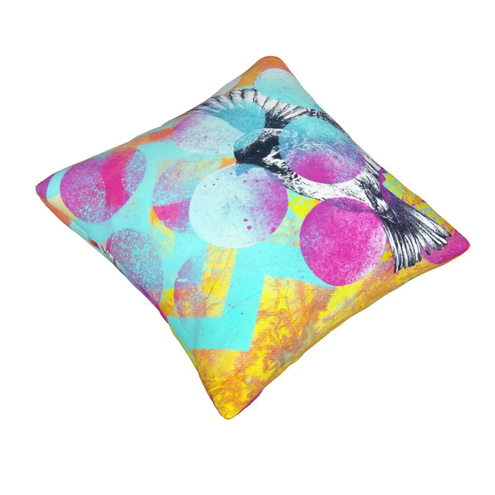 Flying Birdo Soft Comfortable Pillowcase Birds Flying Air Dots Circles Zigzag Collage Blue Pink Orange Ink Wash Spray Paint