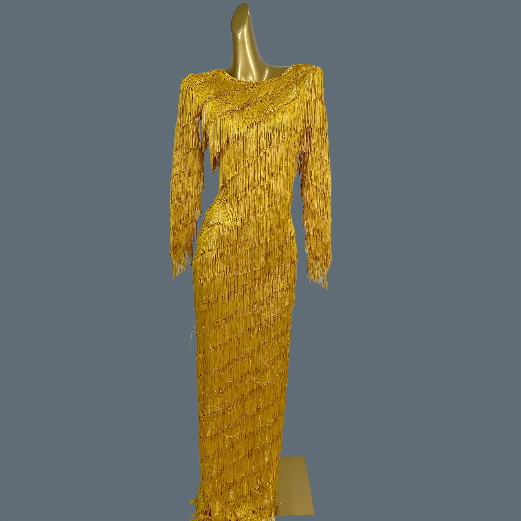 

Gold Fringe Long Sleeve Spandex Long Dress Women Sparkly Stage Dancer Outfit Sexy Party Club Show Elastic Evening Gown Titian