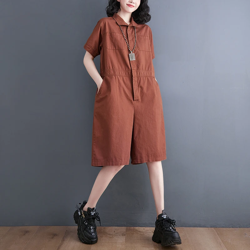 Baju kodok wanita, jumpsuit Romper tambal sulam kancing depan Solid warna Polo leher pakaian sehari-hari biasa overall kasual untuk wanita T132