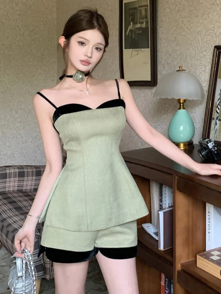 

Hotsweet Fashion Two Piece Pant Sets For Women Summer Korean Sexy Backless Camisole + High Waist All Match Shorts 2 Piece Suits