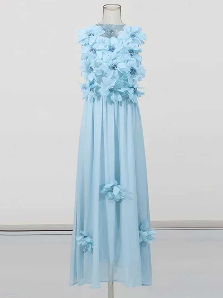 Abito senza maniche in vita floreale tridimensionale di alta qualità da donna estivo nuovo girocollo temperamento grande altalena a vita alta dres