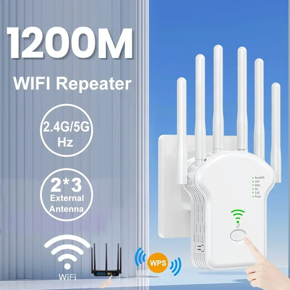 Repetidor WiFi inalámbrico de 1200Mbps, extensor de señal, alta ganancia, 6 canales, amplificador de red, enrutador WPS