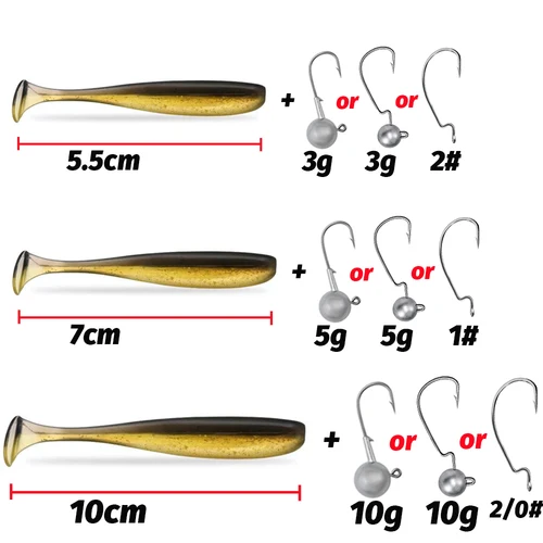 Imagen 2 del producto 10 Uds señuelo suave 5,5 cm 7cm 10cm gusano de cola en T con 3 uds gancho 3g 5g 10g cabeza de plantilla de Metal manivela Pesca de carpa Swimbait cebos de equipo