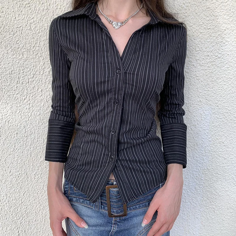 IAMHOTTY Chic Elegant Striped Button-up Shirt Black Casual Basic Slim-fitting Blouse Vintage Turn-down Collar Long Sleeve Tops