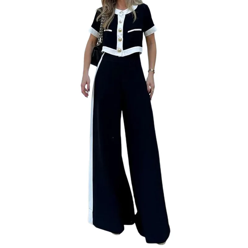 2024 Fashion Office Two Piece Set Women O-Neck Short Sleeve Singe Breasted Button Top Loose Wide Legs Pants Splicing Sets Summer