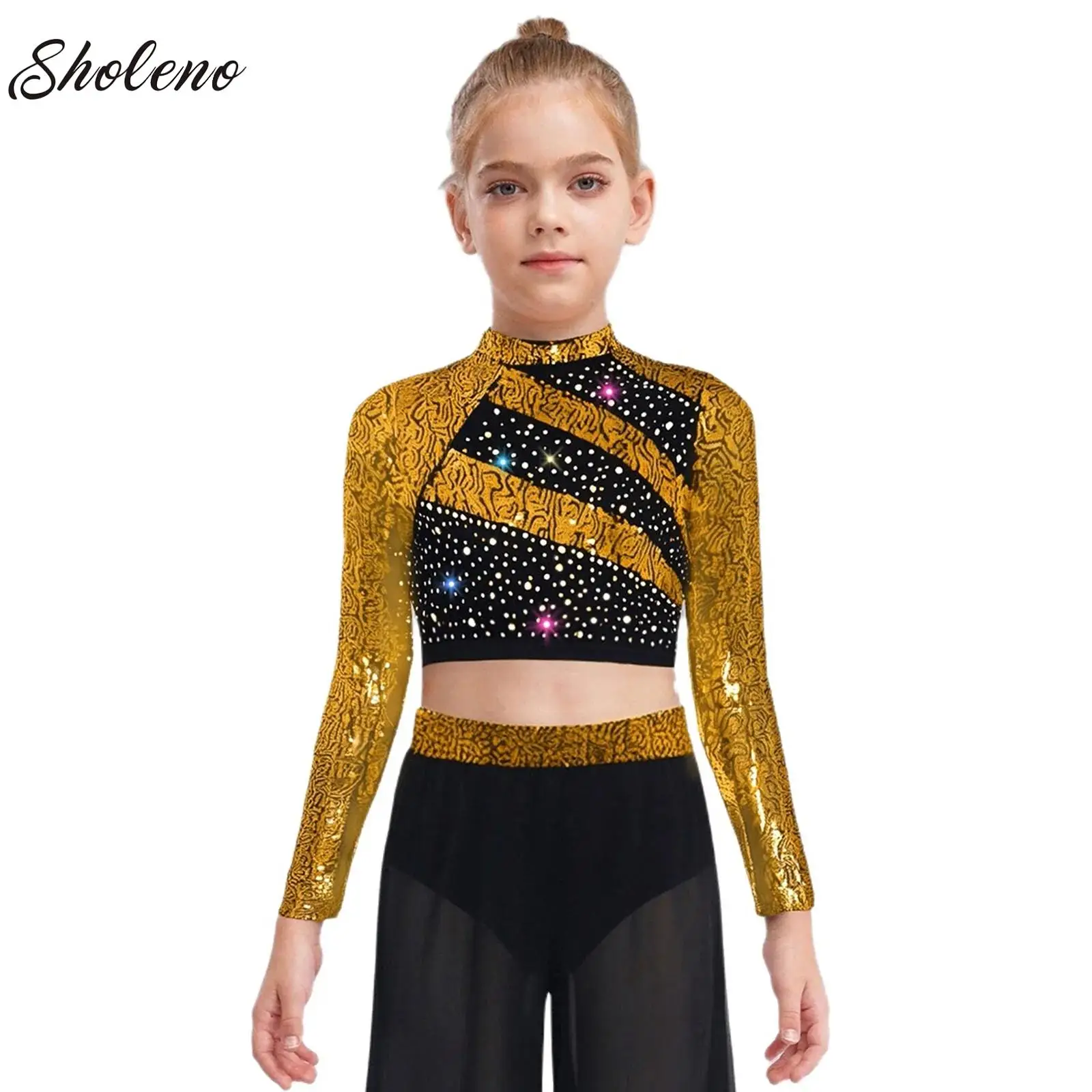 

Kids Girls Lyrical Dance Tops Long Sleeves Cutout Back Shiny Rhinestones Pullover Crop Top Jazz Ballet Dance Competition Costume