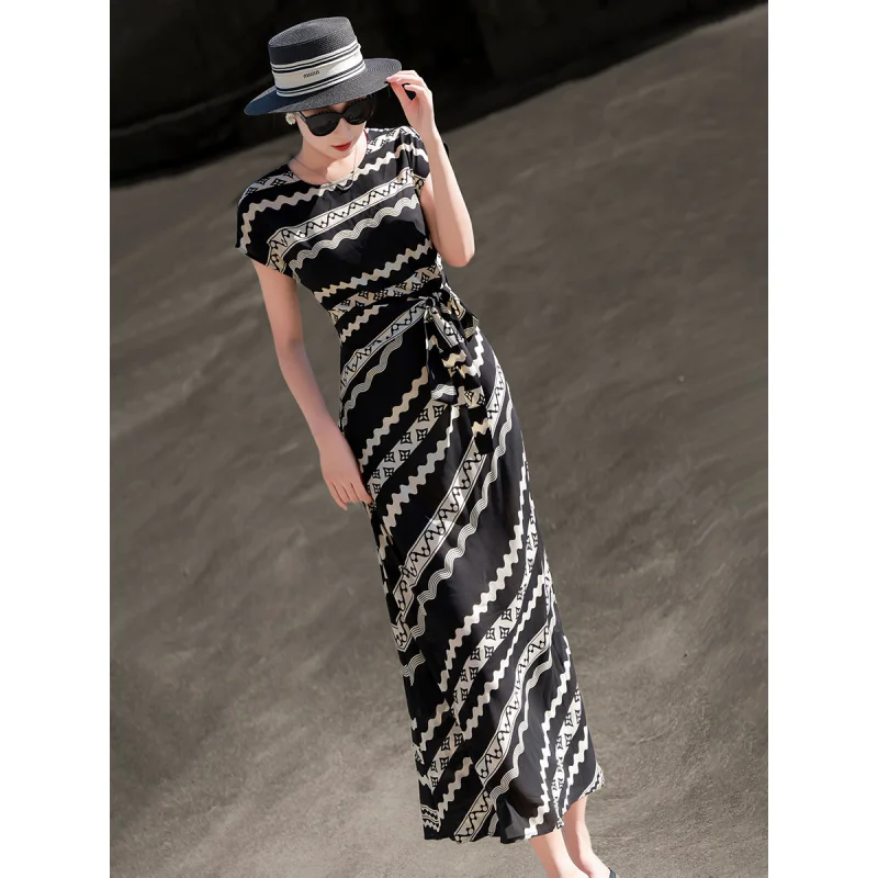 

MEXCOCO 2026 New Summer French Elegant Round Neck Cap Sleeve Geometric Stripe Wrap Tie Waist Flowy Maxi Dress