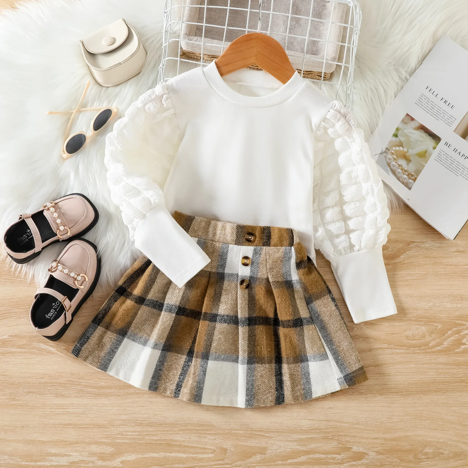 Herfst Meisjes Bladerdeeg Mouw Blouse T-shirt + Plaid Geplooide Rok 2 Stuks Pak Elegante Sets Kids Boutique Kleding Baby meisje Outfit Set