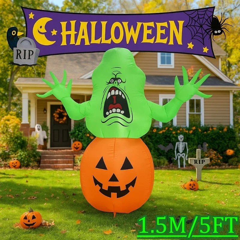 5FT Halloweenoween Inflatable Toys Pumpkin Green Ghost Blow Up Model Luminous Build-in LED Lights  Ornaments Gifts Inflatable