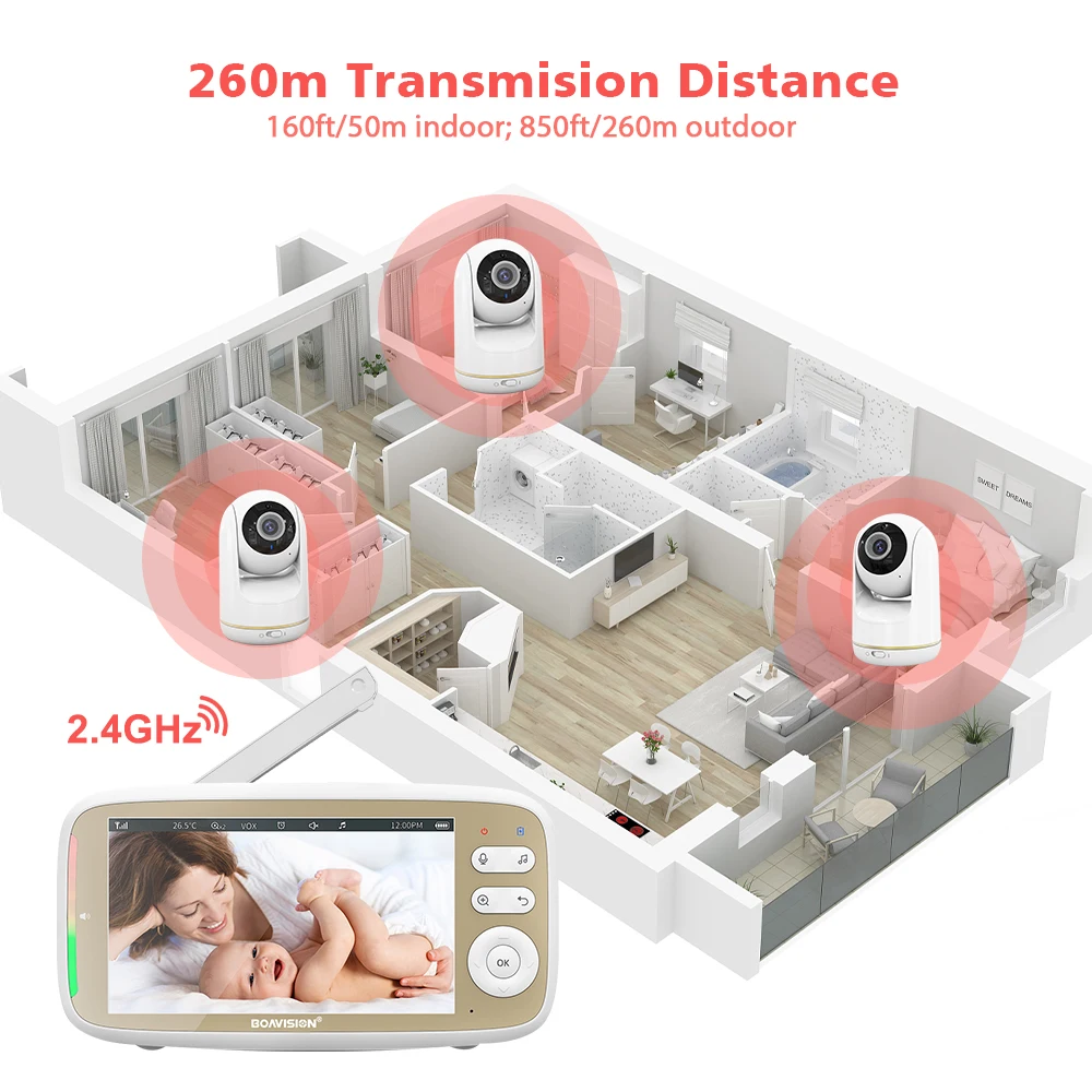 VB803 Baby Monitor 5 Inci 720P Lebih Besar Tampilan dengan Kamera 330 ° Pan 135 ° Tilt 3X Zoom 2 Way Audio Night Vision Babysitter Kamera