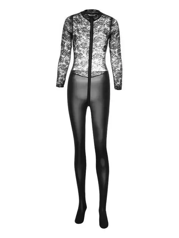 Elegant Black Lace Bodysuits With Long Sleeves And High Neck Paired With Black Tights For Evening Wear Bodysuits Charming EMG4
