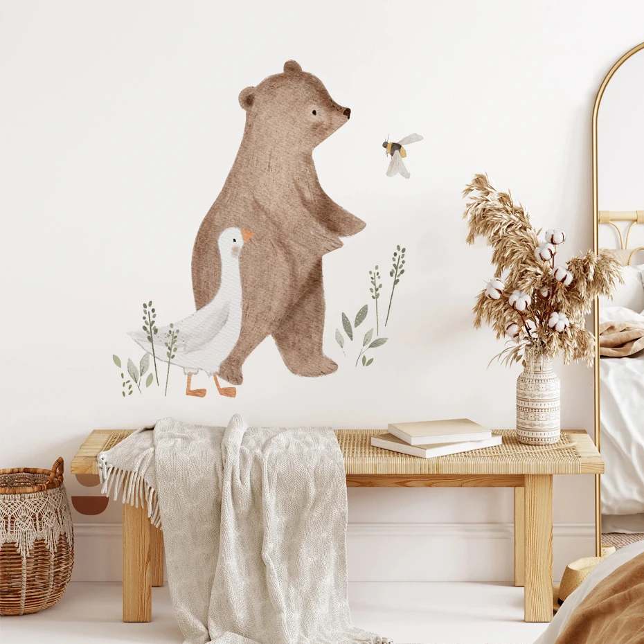 Cartoon Bär Hirsch Kaninchen Vogel Biene Pflanze Wand Aufkleber Kunst Aufkleber Zimmer Schlafzimmer Wohnzimmer Tür Büro Korridor Innen Hause decor