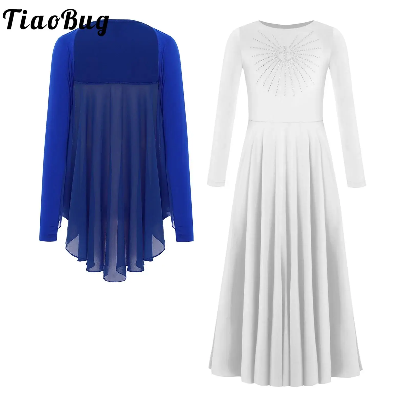 

Kid Girls Lyrical Praise Worship Dance Outfit Open Front Shrug with Long Sleeve Dress Set Church Choir Dance Performance Costume