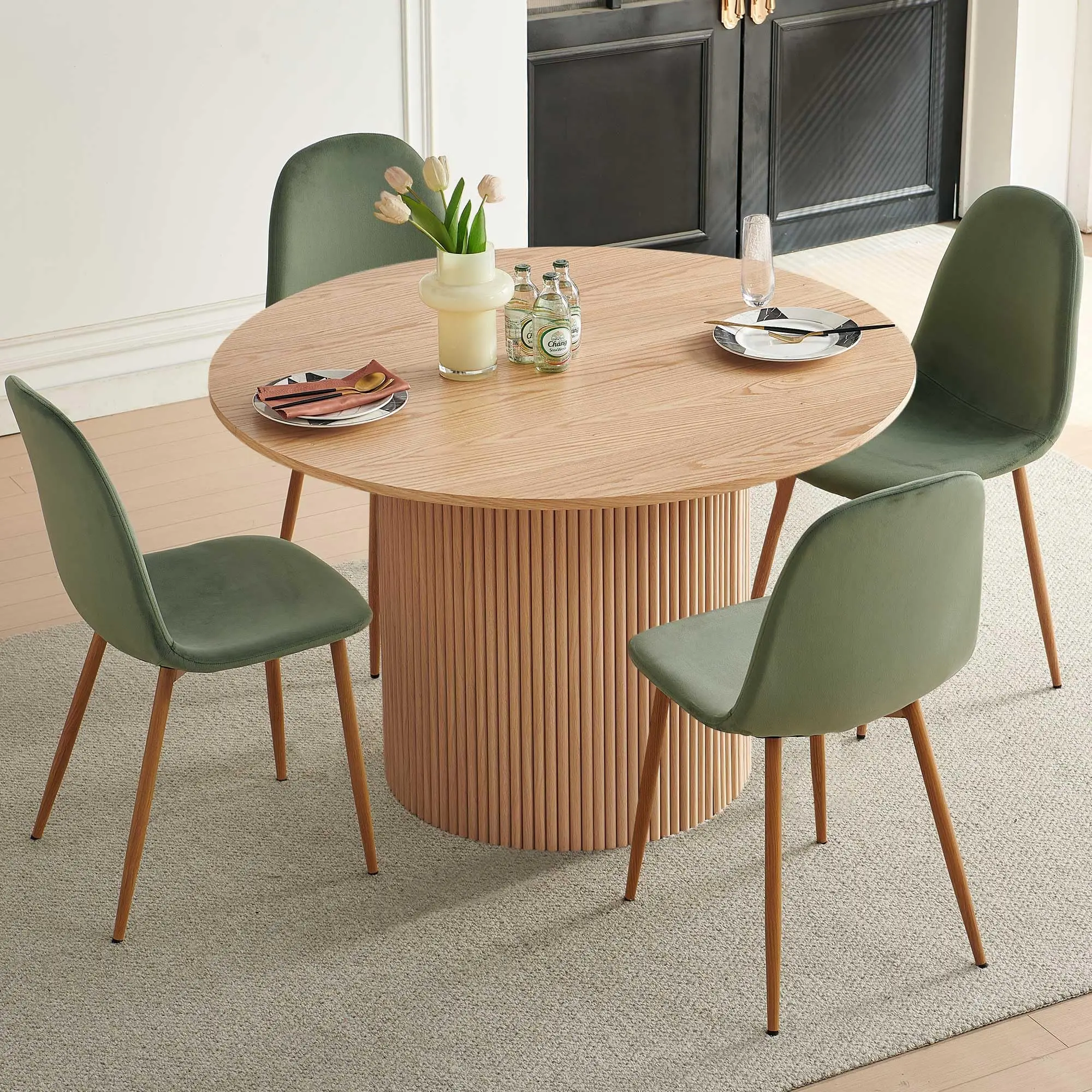 Dining Table Set for 4, Mid Century Modern 47 Inch Wooden Round Dining Table Set, Space Saving (Table + 4 Green Chairs)