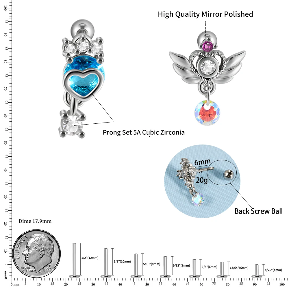 Dreamlee Wing CZ Dangling Dagger Tragus Earring Angle Heart Eye Ear Rook Helix Cartilage Conch Stud Piercing Jewelry 20g