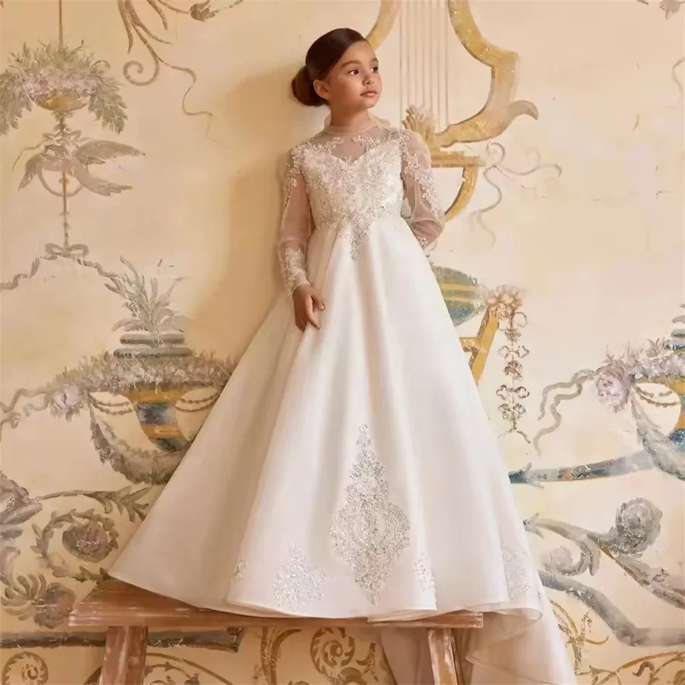 

Luxury Applique Sequined Wedding Flower Girl Dress Long Ball Customized Classic Ivory First Communion Dress New 2026