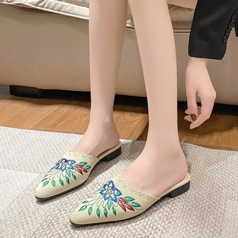 Slippers Shoes for Women Mules Luxury Designer Embroidery Ethnic Style Low Heel Home Sandals Female New in Fashion