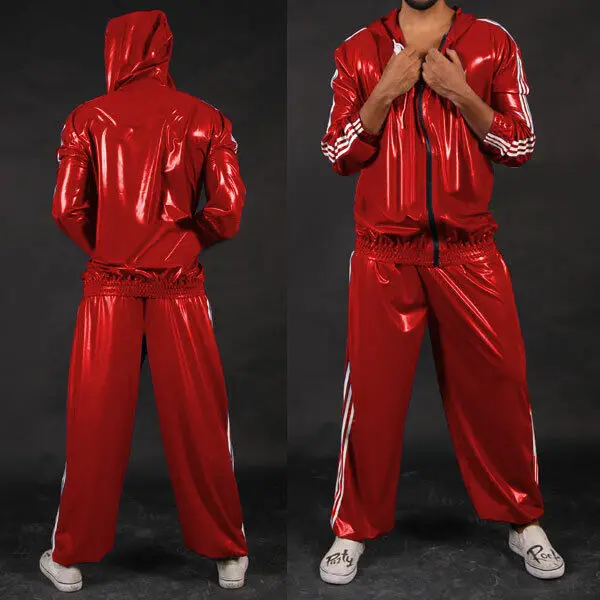 

Latex Gummi Rubber Catsuit Handsome Hoodie Jacket Pants Sportbekleidung XS-XXL