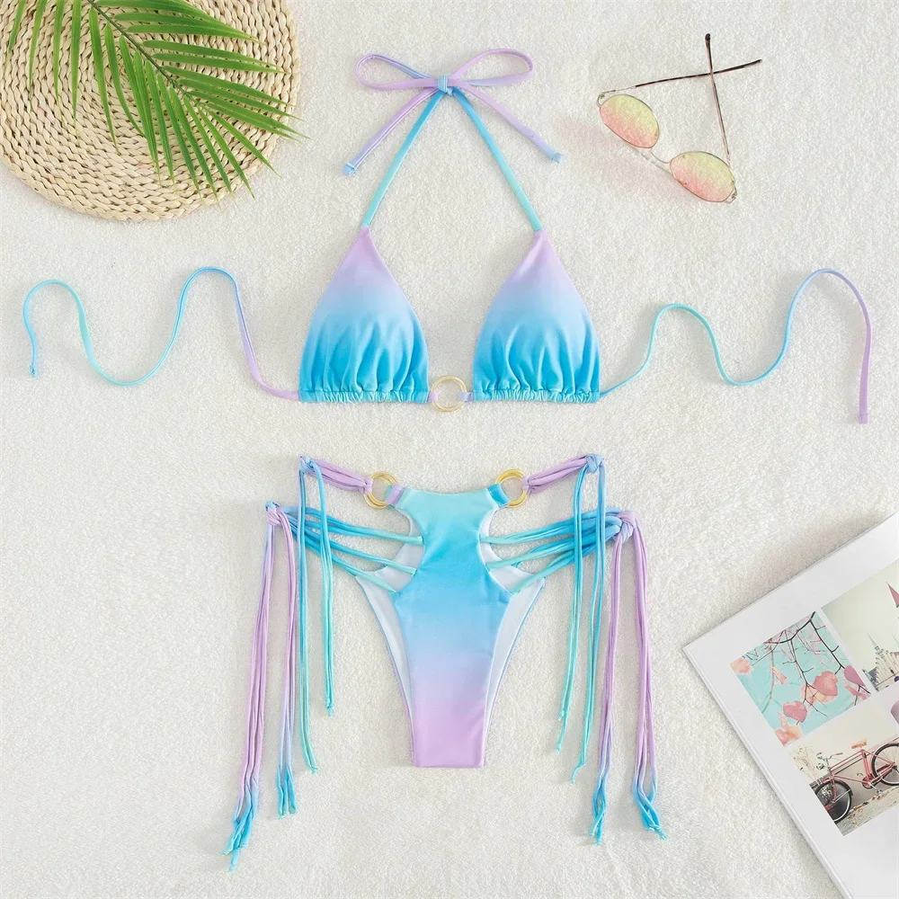 Gradient Bikini Micro String Extrem Swimsuit Fringe Strappy Swimwear Y2K Backless Women Separate Beach Rings Tangas Bathing Suit