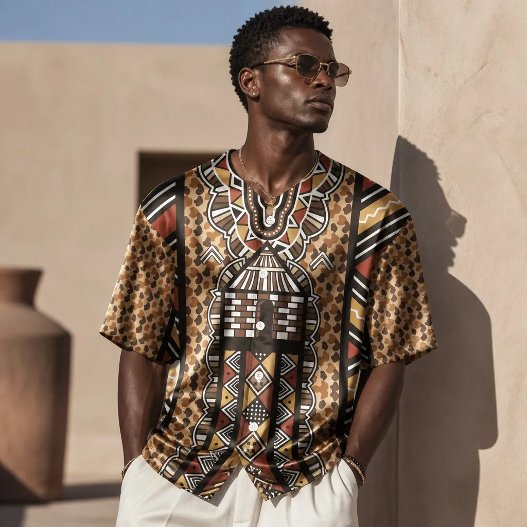 

Summer Men's Sporty Resort Style Mali Satin Baseball Jacket with Ethnic Traditional Pattern Print Short-Sleeve Cardigan