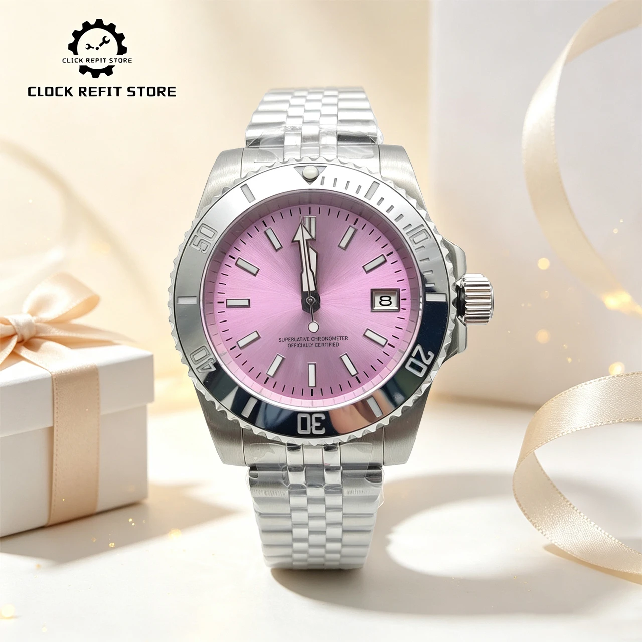 40mm NH35 Custom Logo Purple Dial Watch, Mineral Crystal Exhibition Back Green Luminous 50M Waterproof,  DIY Gift Watch