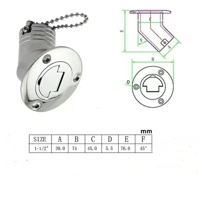 45 Degree 38mm (1.5inch) Deck Filler Caps for Marine Boat 316 Stainless Steel Deck Filler Keyless Cap GAS DIESEL FUEL WASTE