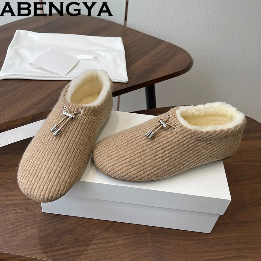 

Winter Loafers Woman Round Toe Wool Warm Shoes Suede Leather Comfy Elastic Band Walk Shoes Daily Casual Flat Shoes Women