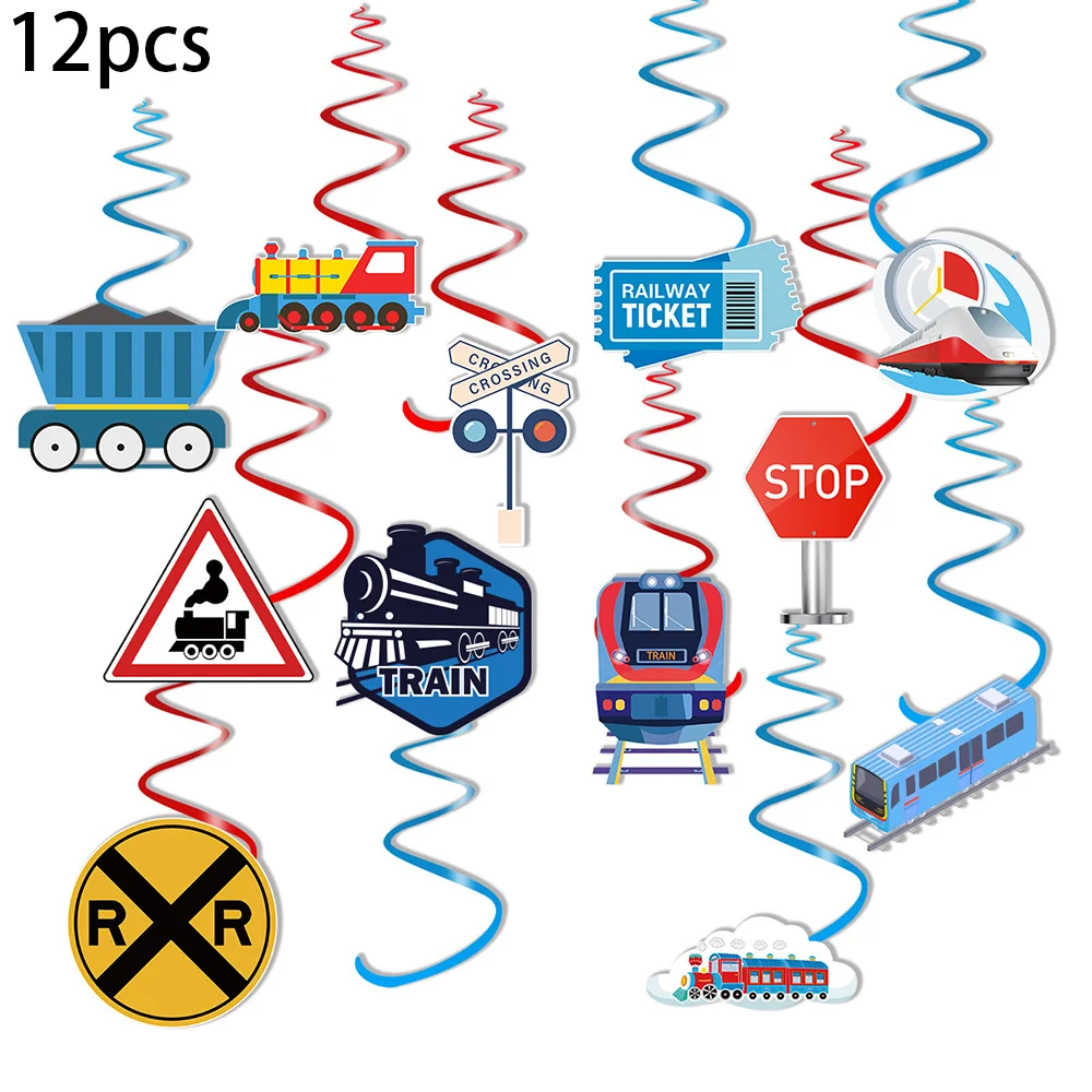 12Pcs Train Birthday Party Decorations Transportation Hanging Swirls Steam Traffic Sign Party Baby Shower Favors Supplies ﻿