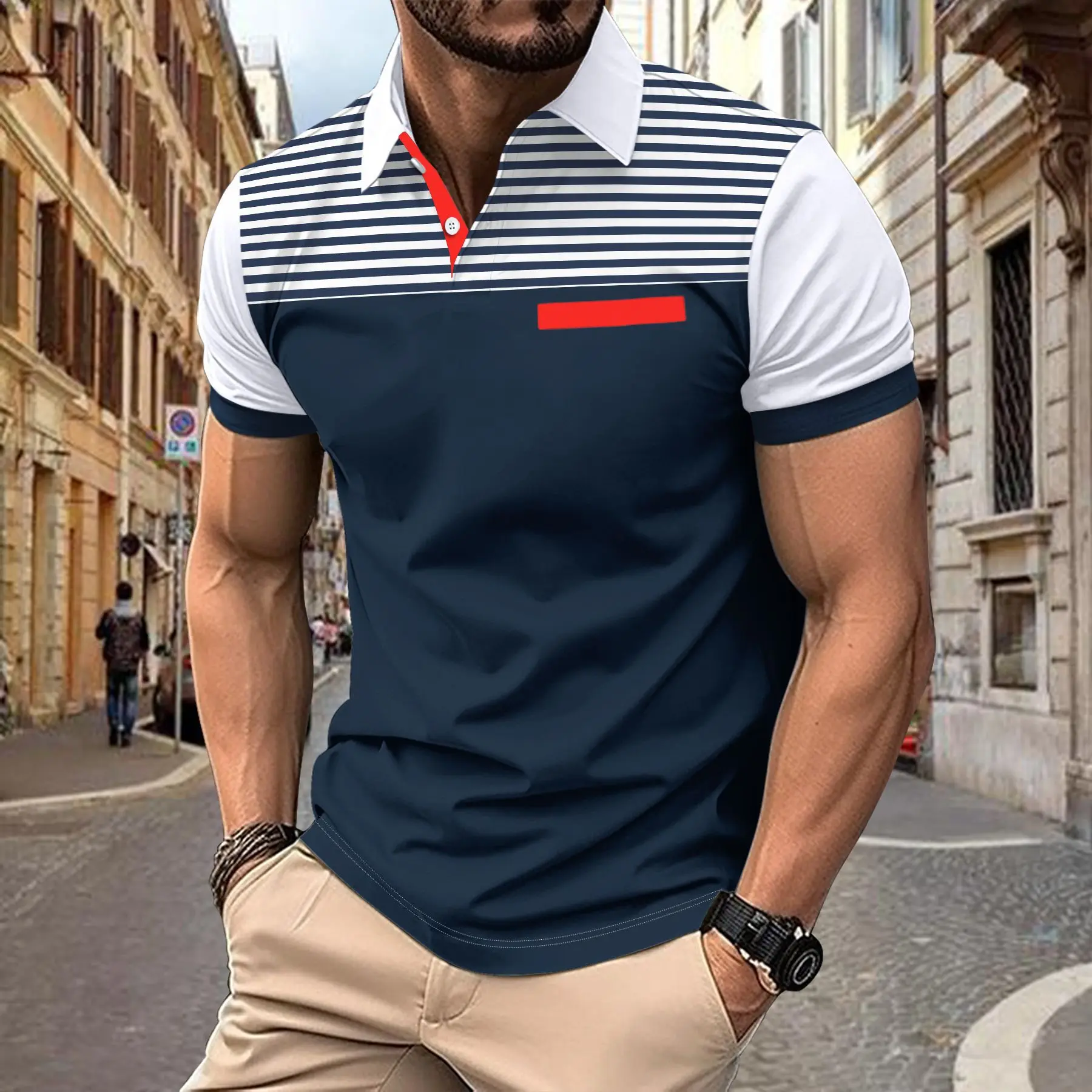 

Men's summer striped digital print casual short-sleeved POLO shirt Fashion trend High quality lapel breathable polo shirt