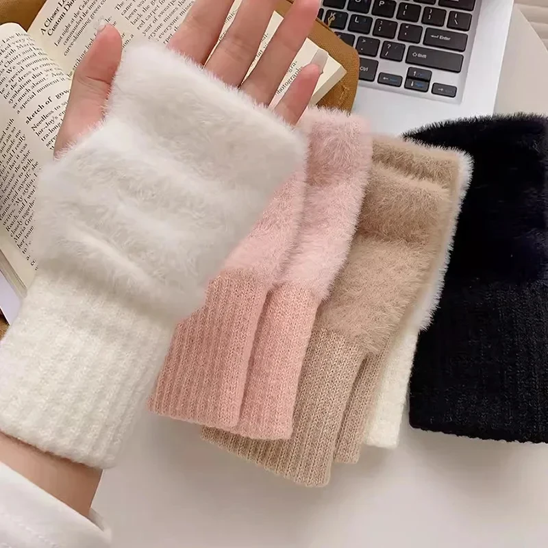 Mink Fleece Soft Winter Half Finger Gloves Women Warm Solid White Plush Knitted Fingerless Gloves Wrist Mittens Writting Riding