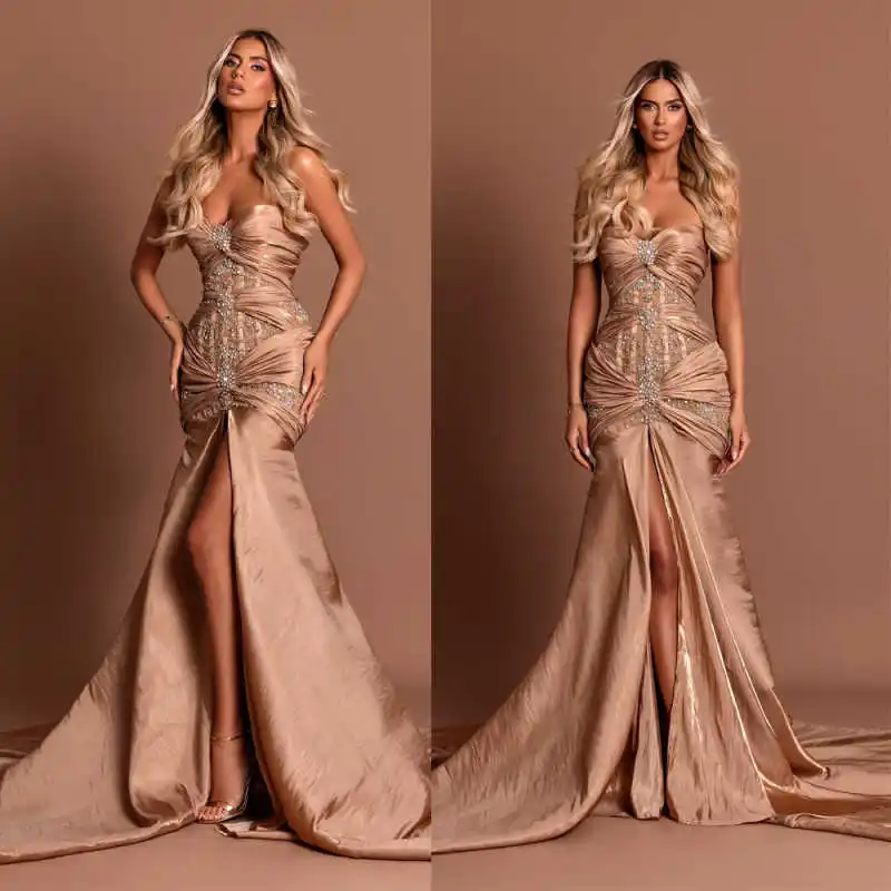 

Exquisite Evening Dresses Sweetheart Sleeveless Rhinestone Pleat Mermaid Special Occasion Prom Party Dresses Customized