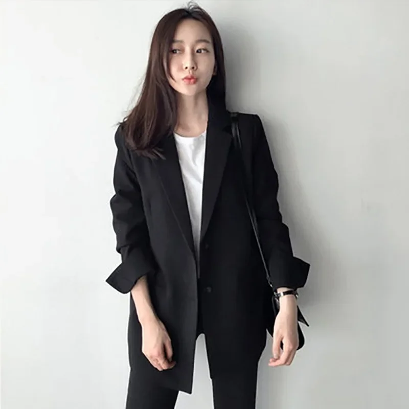 Fatos de blazer preto feminino, dois botões finos, comprimento médio, casaco senhora do escritório, moda casual, novo, verão e outono, 2024