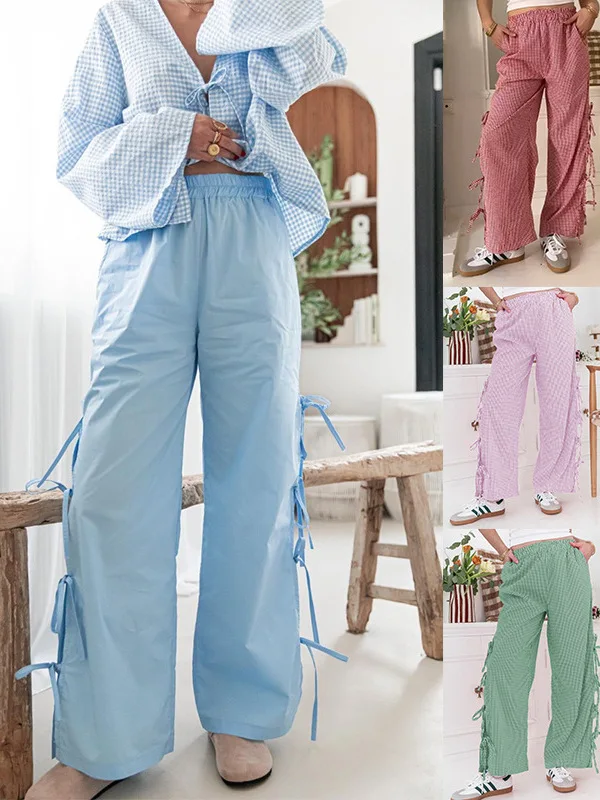 ファッショナブルな夏の格子柄ベルト付きワイドレッグパンツ、女性用通勤スリムカジュアルパンツ、lウエスト、ポリエステル繊維プリント